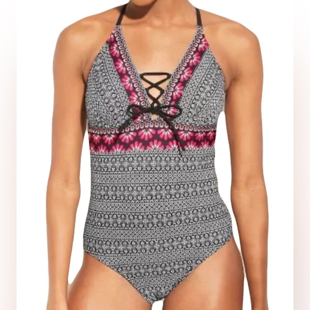 Kona Sol Floral Tribal Lace Up Front One Piece Swimsuit Women Size XL